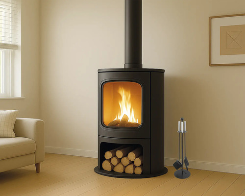 Freistehender Kaminofen aus Metall mit Holzscheiten und Kaminbesteck im Wohnzimmer