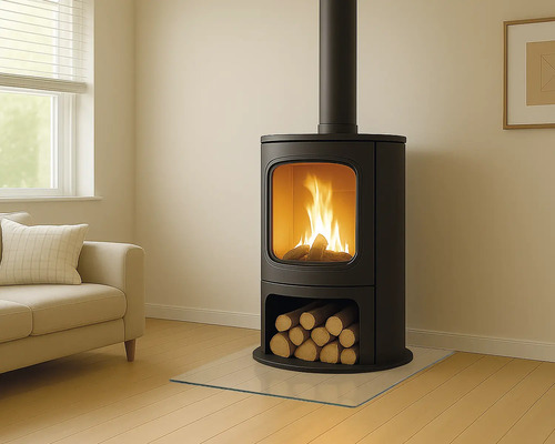 Rotheigner Glasbodenplatte quadratisch 100 x 100 cm 8 mm stark mit 20 mm Fase Kaminofen mit Holz und Glasplatte in einem Wohnzimmer