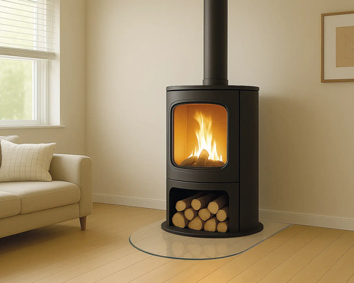 Kaminofen mit Holzscheiten im Wohnzimmer