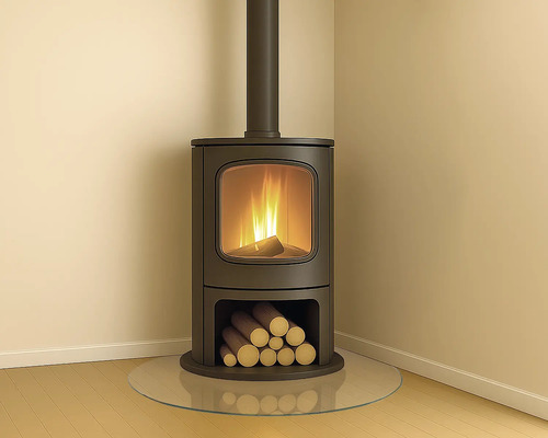 Rotheigner Glasbodenplatte Tropfenform 110 x 110 cm 8 mm stark mit 20 mm Fase Kaminofen mit Holzscheitfach und Glasbodenplatte