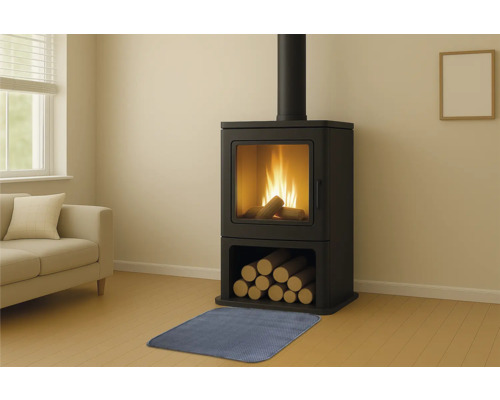 Kaminofen mit Holzscheiten und Unterlegmatte in einem Wohnzimmer.