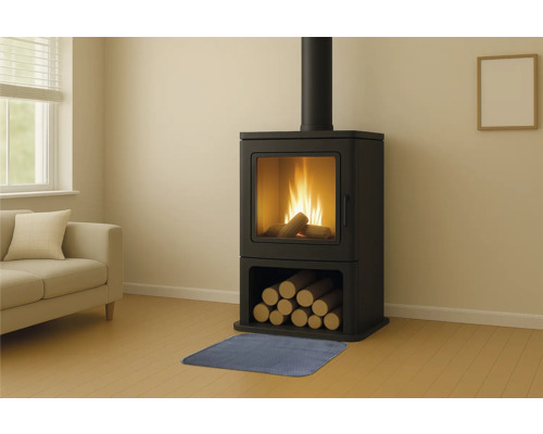 Wohnzimmer mit Kaminofen, Holzscheiten und Kaminvorleger