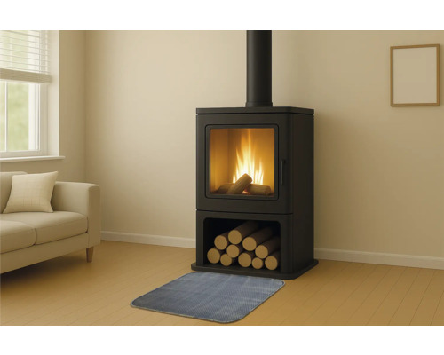 Wohnzimmer mit Kaminofen, Brennholz und Kaminvorleger