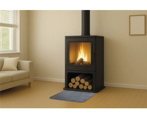 Kaminofen mit Holzscheiten in einem Wohnzimmer.