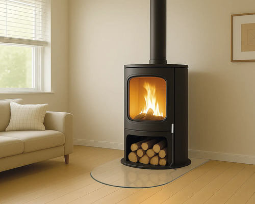 Kaminofen mit Holzscheiten im Wohnzimmer