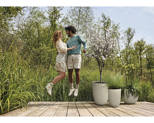 Szene mit einem Paar, das auf einer Holzterrasse vor drei Pflanzgefäßen springt. Die Pflanzgefäße enthalten Pflanzen.