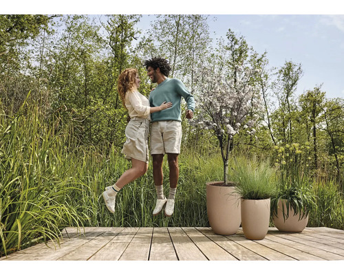 Ein Paar springt auf einer Holzterrasse mit Pflanzenkübeln in einem Garten.