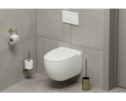 Modernes Badezimmer mit wandhängendem WC, Betätigungsplatte, Toilettenpapierhalter und Toilettenbürste