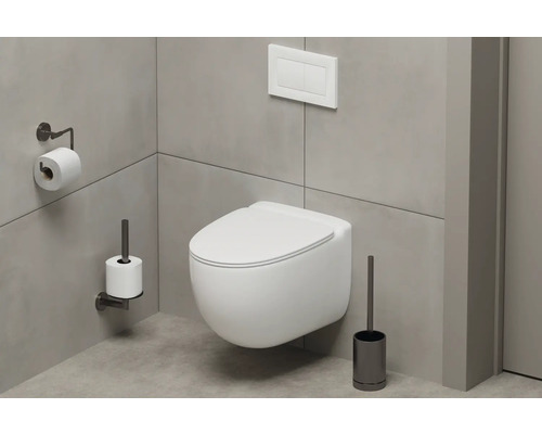 Szene eines Badezimmers mit wandhängendem WC, Toilettenbürste, Toilettenpapierhalter und Betätigungsplatte