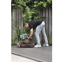 Mann transportiert Topfpflanze mit einem Rollbrett im Garten.