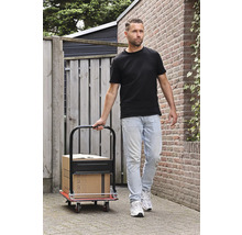 Mann zieht eine Sackkarre mit Kartons auf einem gepflasterten Weg