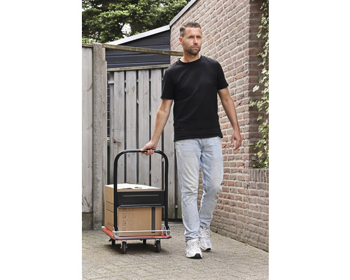 Mann zieht eine Sackkarre mit Kartons auf einem gepflasterten Weg