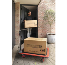Mann trägt Hornbach Paket auf einem Rollbrett