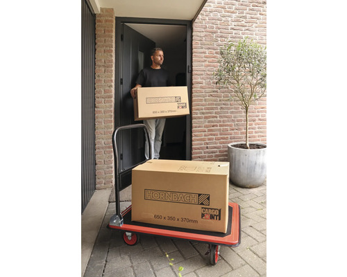 Mann trägt Hornbach Paket auf einem Rollbrett