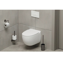 Modernes Badezimmer mit wandhängendem WC, Toilettenpapierhalter und Toilettenbürste