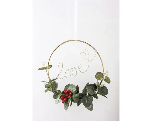 Dekorativer Kranz mit dem Wort Liebe aus Draht, Eukalyptus und roten Beeren