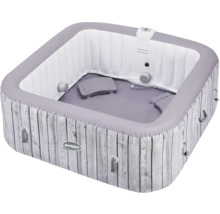 Aufblasbarer Whirlpool mit Holzoptik und Bedienelementen.