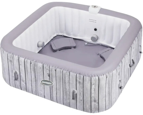 Aufblasbarer Whirlpool mit Holzoptik und Bedienelementen.