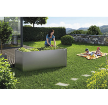 Hochbeet im Garten mit Frau bei der Ernte und spielenden Kindern