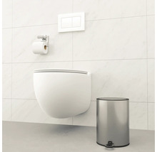 Wandhängendes WC, Toilettenpapierhalter, Betätigungsplatte und Treteimer in einem Badezimmer.