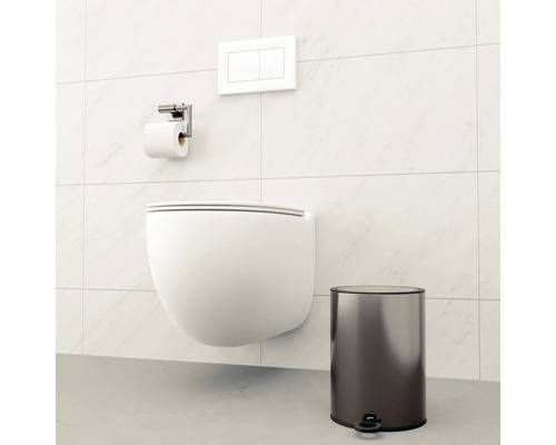 Szene mit einer wandhängenden Toilette, einem Toilettenpapierhalter, einer Betätigungsplatte und einem Treteimer vor einer gefliesten Wand.