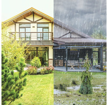 Haus mit Garten bei trockenem und regnerischem Wetter