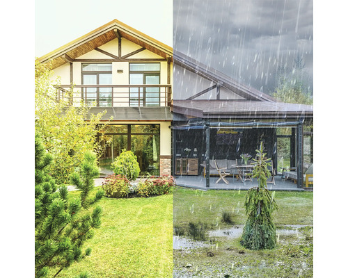 Haus mit Garten bei trockenem und regnerischem Wetter