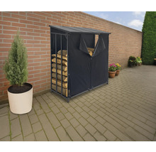 Holzlagerregal mit Abdeckung im Außenbereich zur Lagerung von Brennholz.