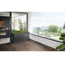 Balkonszene mit langem Pflanzkasten, Holzdeck und Blick auf eine Parklandschaft