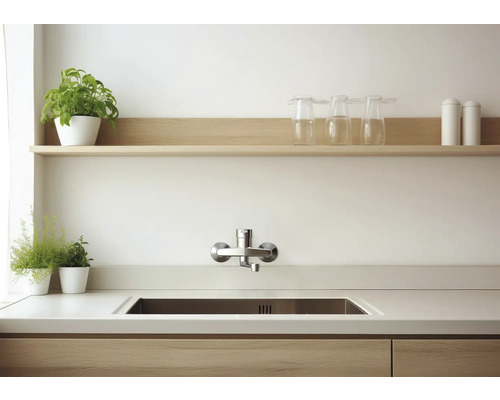 Küchenspüle mit Armatur, Arbeitsplatte und Regal mit Dekoration