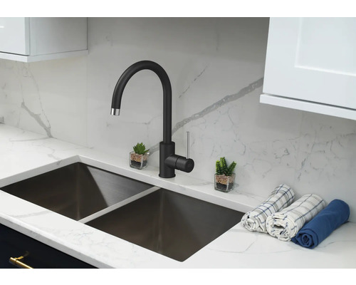 Küchenspüle mit schwarzer Armatur und zwei Becken.
