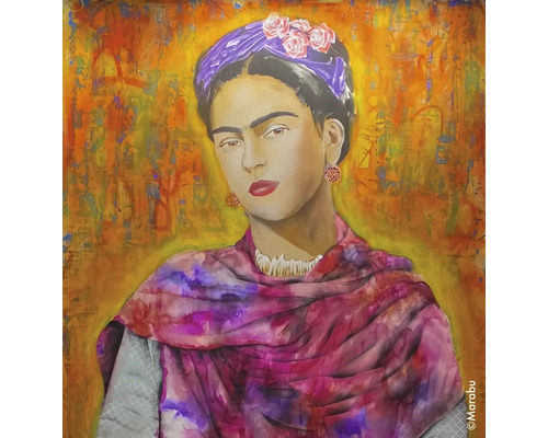 Gemälde von Frida Kahlo mit Schal und Blumenschmuck