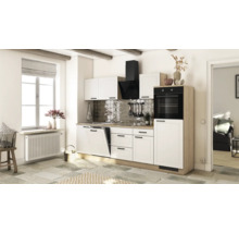 Helle Küche mit weißen Schränken, Dunstabzugshaube, Spüle und eingebautem Backofen für ein ordentliches und geräumiges Ambiente.