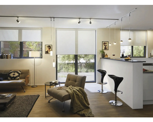 Heller Wohnraum mit Rollos an den Fenstern, Sitzmöbeln und Beleuchtungssystem