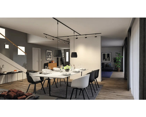 Esszimmer mit Esstisch, Stühlen, Teppich und Beleuchtungssystem