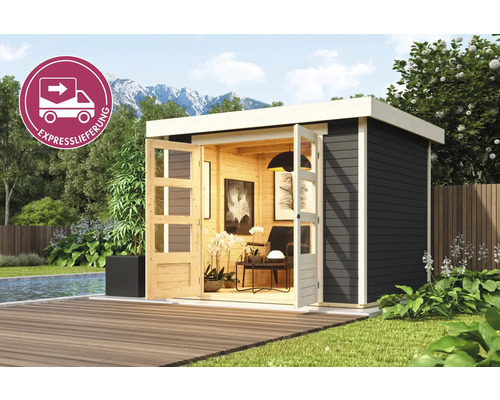 Gartenhaus mit geöffneten Türen und Expresslieferung-Symbol