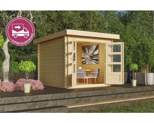 Holzgartenhaus mit geöffneten Doppeltüren, ausgestattet mit Tisch und Stühlen, mit Expresslieferungssymbol