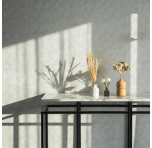 Dekorative Trockenblumen in Vasen auf einem Tisch vor einer strukturierten Wand mit Schatten.
