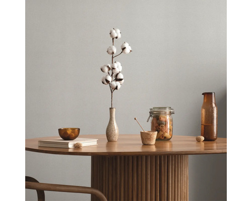 Dekorativer Tisch mit Schale, Buch, Vase mit Baumwolle, Dose mit Pasta, kleinem Topf und Flasche
