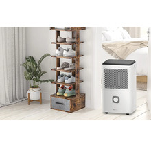 Dekorative Szene mit einem Schuhregal aus Holz und einem Luftentfeuchter im Hintergrund