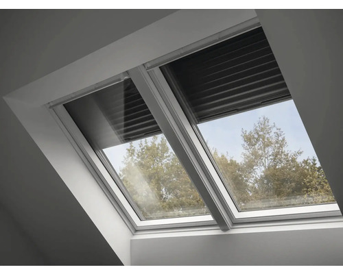 Dachfenster mit Jalousie und Blick nach draußen