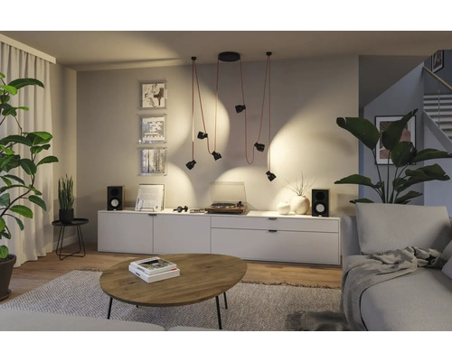 Wohnzimmer mit Pendelleuchte, Schallplattenspieler, Lautsprechern und Zimmerpflanzen