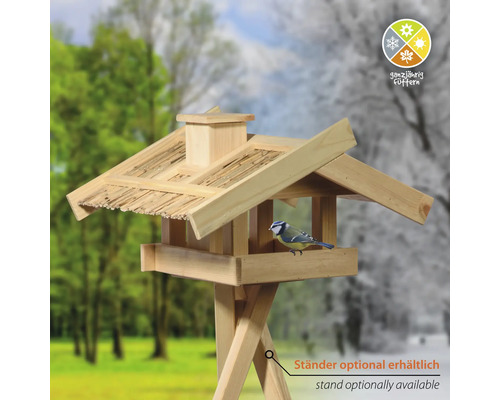 Vogelhaus aus Holz mit Ständer und Ganzjährig Füttern Symbol