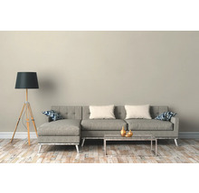 Wohnzimmer mit grauem Ecksofa, Stehlampe und Couchtisch