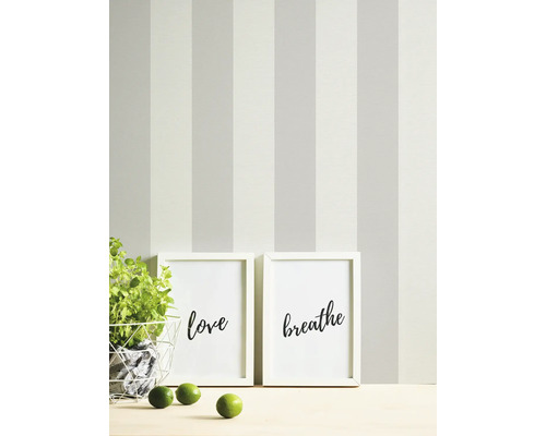 Gestrichene Wand mit Streifenmuster, zwei gerahmte Kunstdrucke und eine Pflanze im Topf