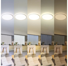 Deckenleuchte in verschiedenen Lichtstimmungen in einem Wohnraum.