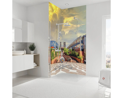 Badezimmer mit Duschabtrennung und Stadtmotiv