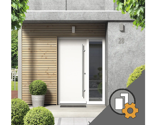 Moderne Haustür mit Seitenteil und langem Edelstahlgriff Moderne Haustür mit Seitenteil und langem Edelstahlgriff