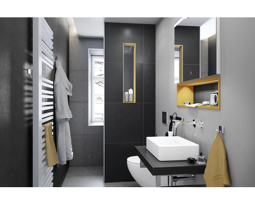 Feinsteinzeug Wand- und Bodenfliese Cementine 60 x 60 x 0,9 cm anthrazit matt R10B Modernes Badezimmer mit Waschbecken, Toilette und Handtuchwärmer