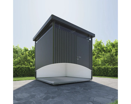Modernes Gerätehaus mit Flachdach und geöffneter Tür